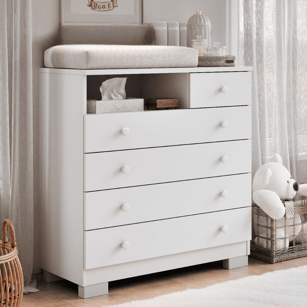 Cômoda Infantil Amora MDF/MDP 5 Gavetas com Nicho e Trocador para Quarto de Bebê em Oferta na Shopee