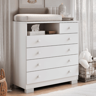 Cômoda Infantil Amora MDF/MDP 5 Gavetas com Nicho e Trocador para Quarto de Bebê em Oferta na Shopee