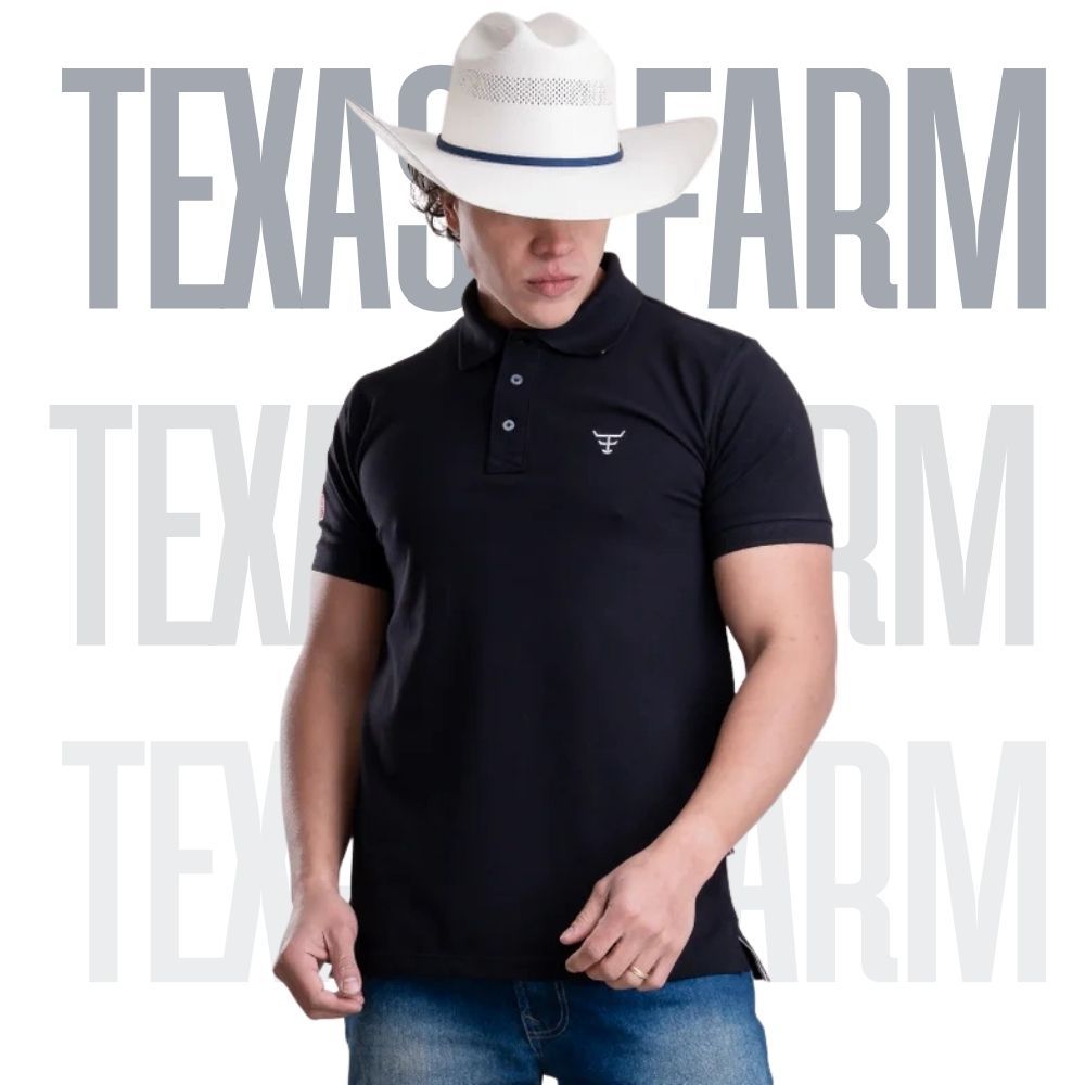 Camisa Esporte Fino Gola Polo Tradicional Texas Farm Original Preta Manga Curta Bordada
