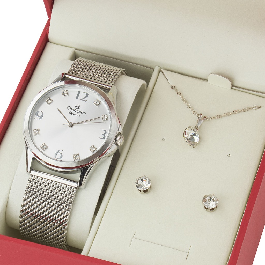 Relogio Feminino Prata Champion Kit Colar e Brincos CN24093Y em Oferta na Shopee