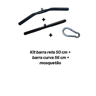Kit barra reta 50 cm com giro + barra curva 56 cm com giro + mosquetão academia musculação