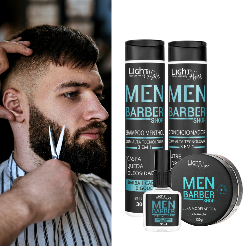 Kit Shampoo Condicionador e Cera Modeladora de Barba e Cabelo Linha Masculina Barber Shop Light Hair