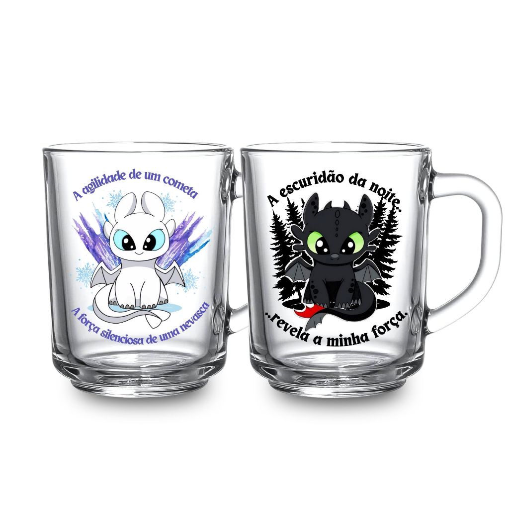 Kit 2 Canecas Personalizada Metadinha Como Treinar Seu Dragão Frase Casal 225ml Vidro Filme Desenho