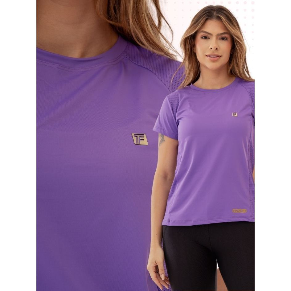 Blusa UV Feminina Roxa Dry Fit  Camiseta Fitness Confortável com Proteção Solar UV para Academia Corrida Yoga e Treino