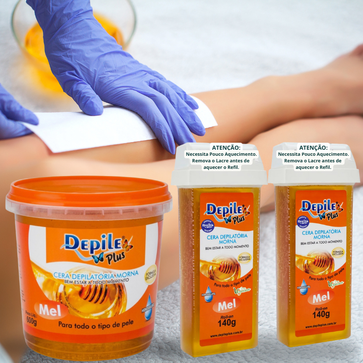 Cera Depile Plus Hidrossolúvel Mel 1 Pote 600g e 2 Ceras Roll-on Mel 140g