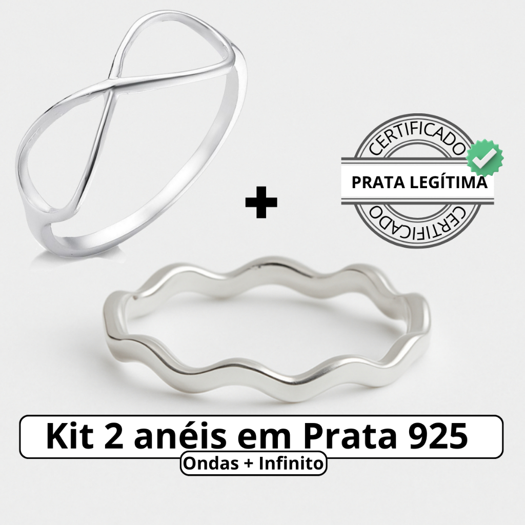 Kit anel de Prata 925 Legítima Ondulado e Infinito Delicado Feminino com Garantia