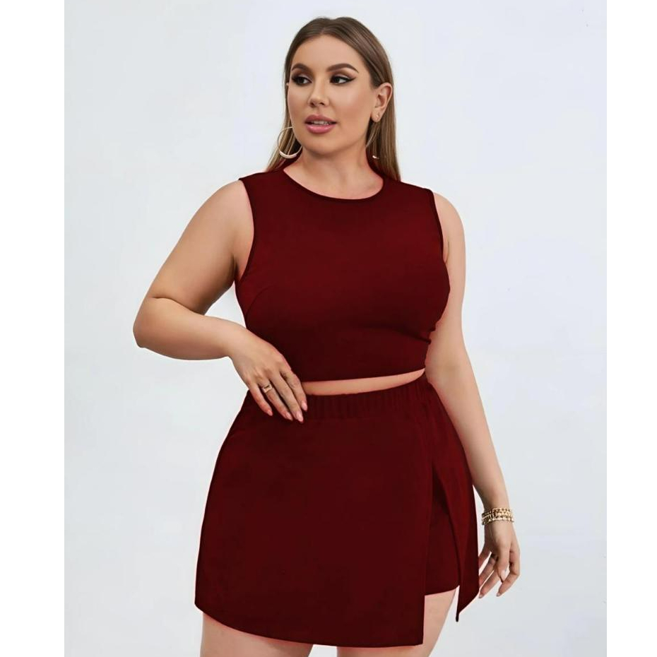 Conjunto Feminino Cropped Com Short Saia Plus Size Blusa Lisa - Conjuntinho Plus Curve
