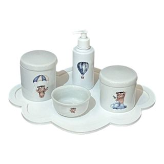 Kit Higiene Bebê Porcelana Ursinho Baloeiro  Bandeja Coração ou Nuvem  Adesivo Dtf Uv Com Nome Personalizado 4 potes em Oferta na Shopee