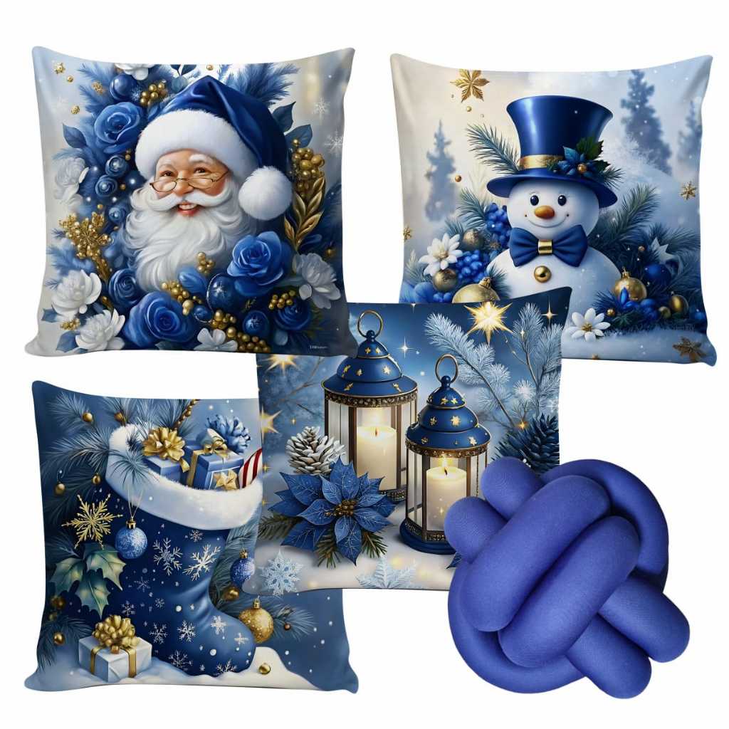 Kit 4 Capas de Almofadas Natalina Decorativas 45x45cm + Almofada de Nó Feliz Natal  Quarto Sala