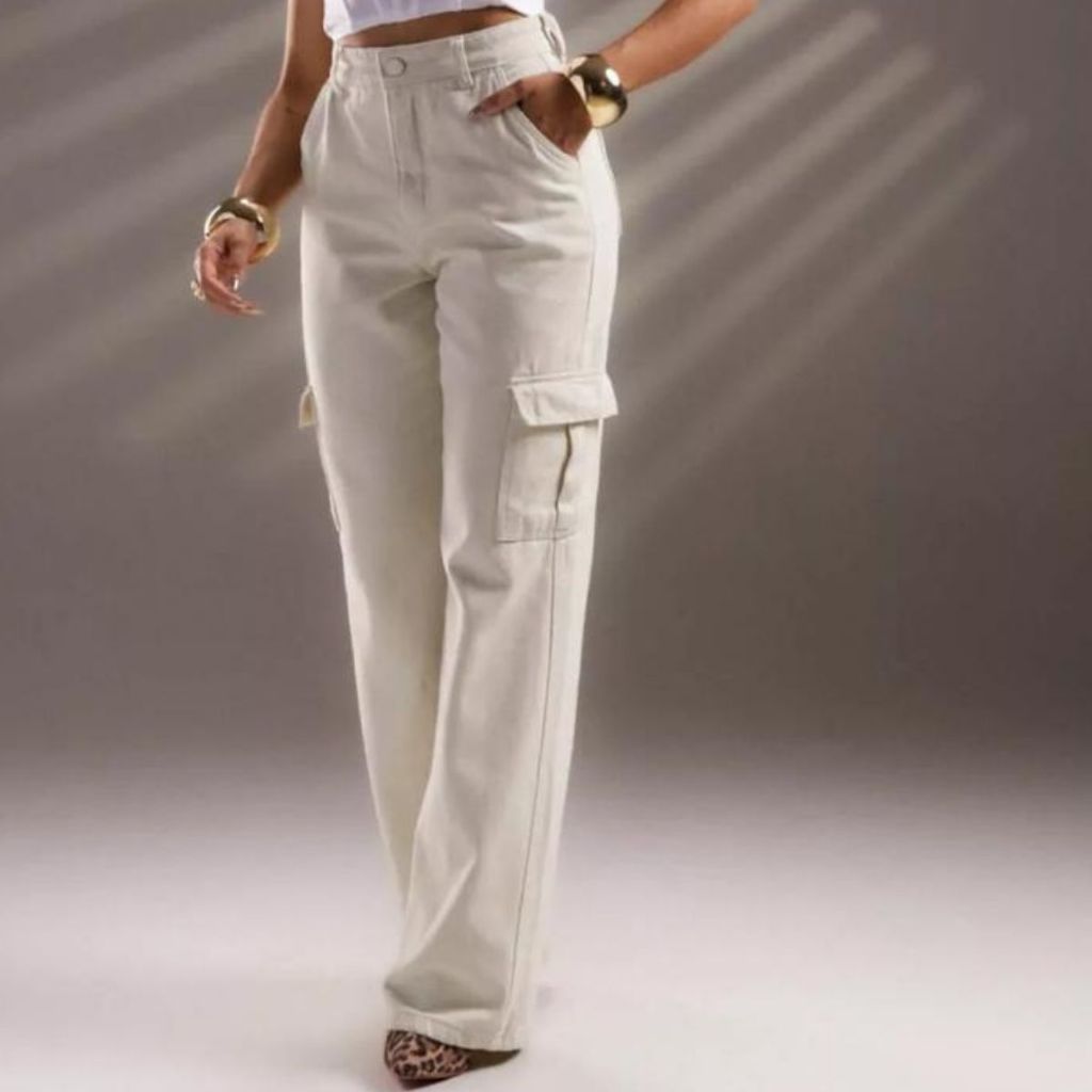 Calça Jeans Wide - Leg Cargo Areia 100% ALGODÃO Original Cós Alto Pantalona Feminina Linha Premium