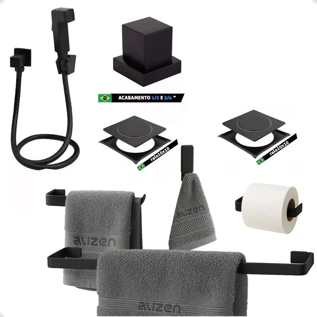 Kit banheiro Acessórios Preto Banheiro Quadrado Ducha Higiênica Super Luxo Preta Ralo Click