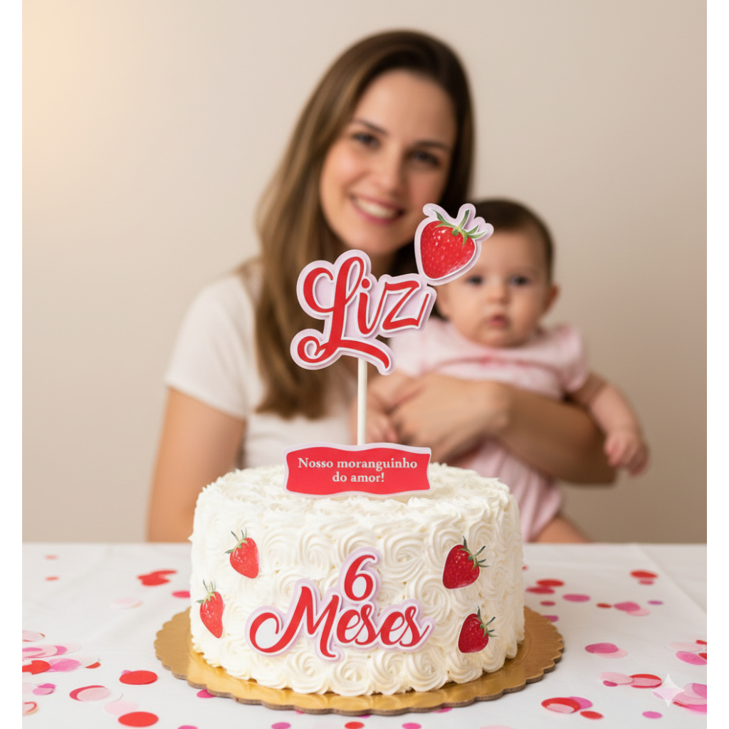Envio Imediato Topo de Bolo Personalizado Mesversário, Aniversário Morango Moranguinho