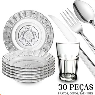 Jogo De Pratos Fundos E Copos C/30 Peças Aparelho de Jantar Em Vidro Com Talheres em Oferta na Shopee