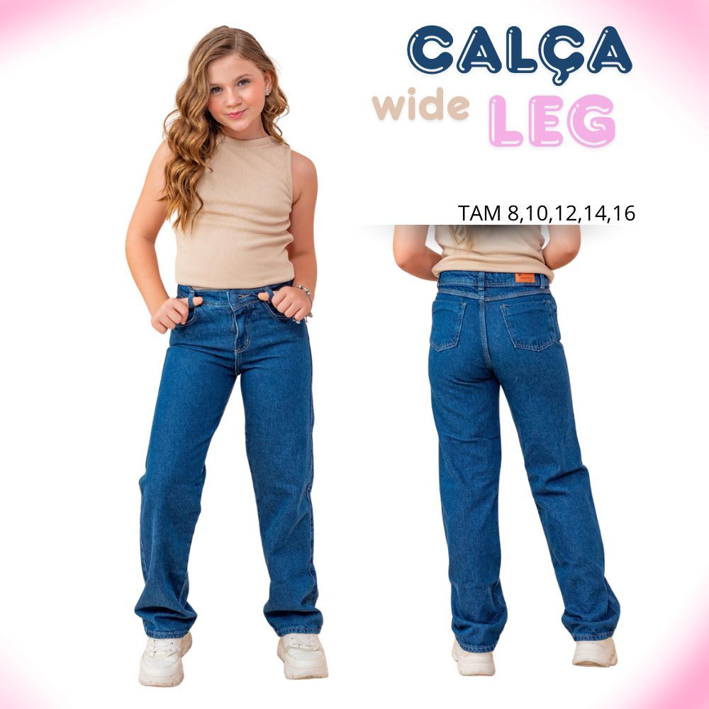 Calça Jeans Infantil Menina Wide Leg Pantalona Escuro, Preta Qualidade - 08,10,12,14,16 anos