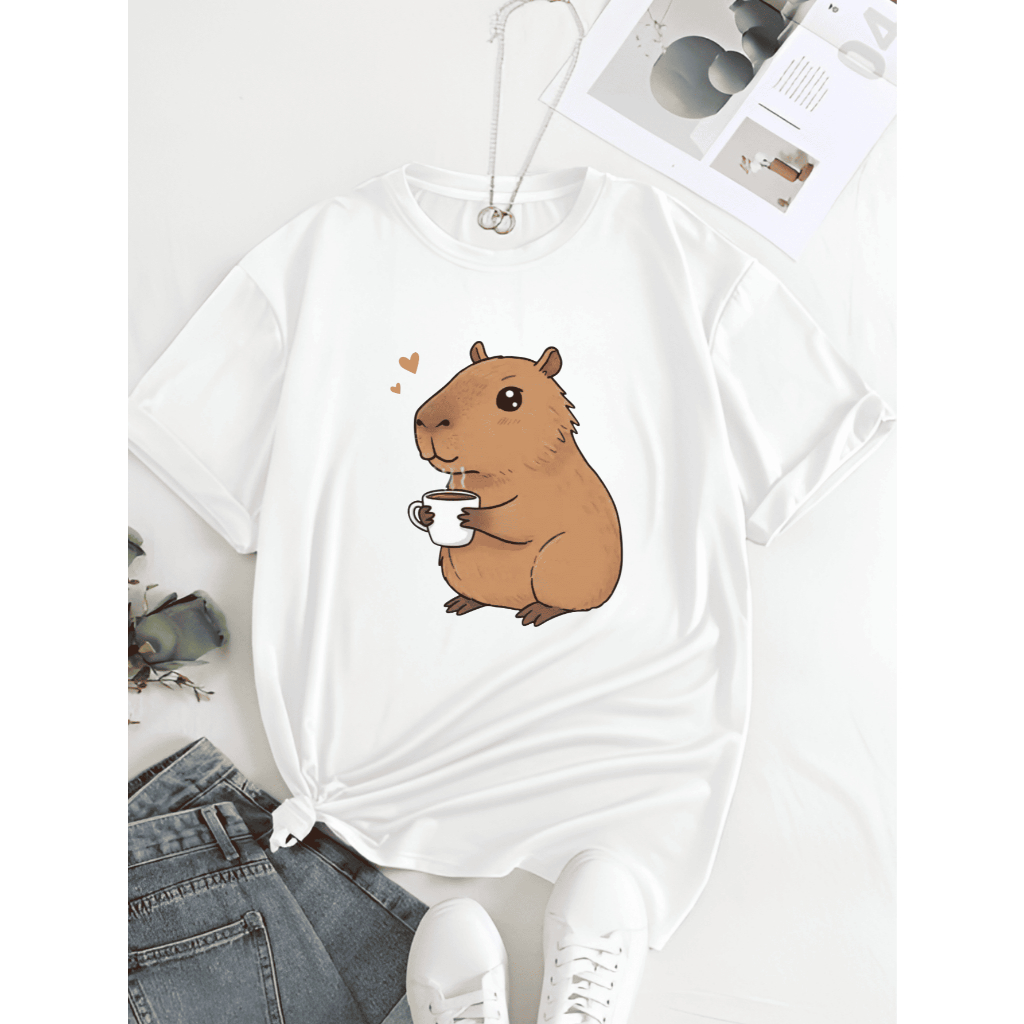 Camiseta Estampada Capivara Tomando Café Camisa Unissex Masculina Baby Look Feminina Confortável