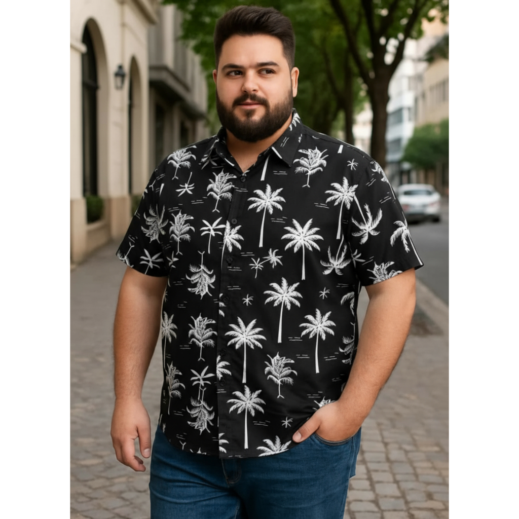 Camisa florida plus size havaiana floral masculina estampada viscose manga curta