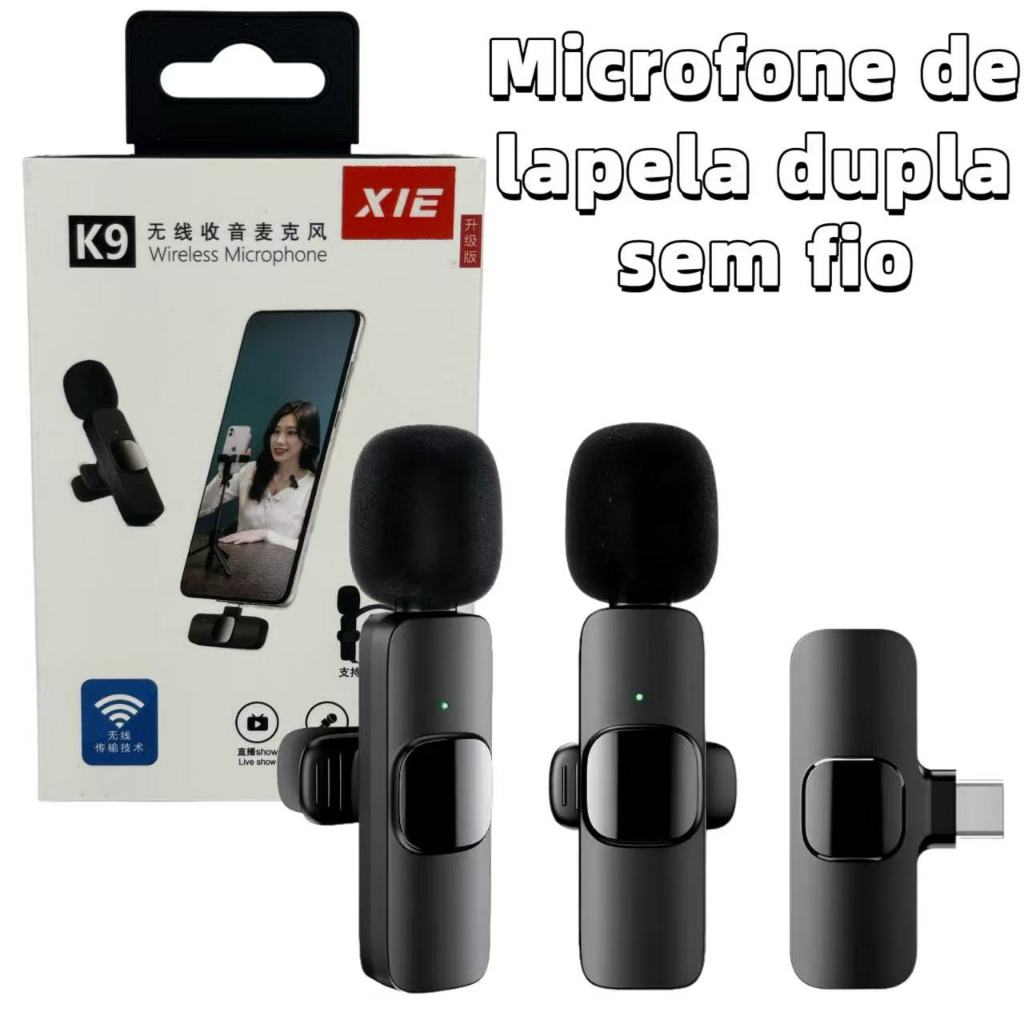 Microfone de Lapela Duplo Sem Fio K9 2 in 1 2,4Ghz RECARREGÁVEL Vlog Compatível iPhone e Android IOS