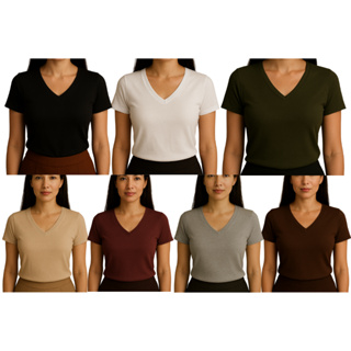 Kit 5 Blusinhas Basicas Gola V Manga Curta Canelado em Oferta na Shopee