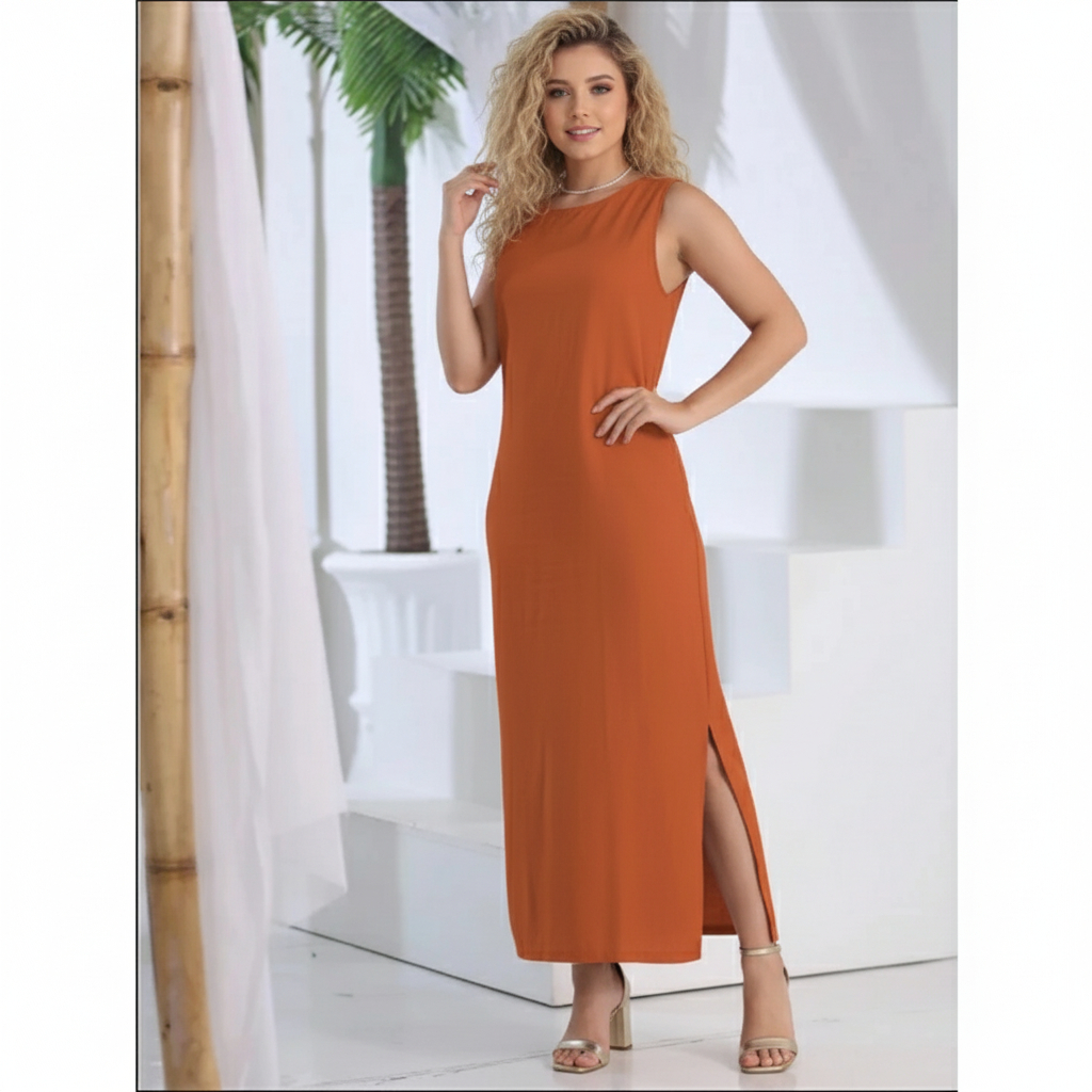 Vestido Feminino Em Linho Elegante Forrado Alça Larga Com Fenda Moda Clássica Verão em Oferta na Shopee