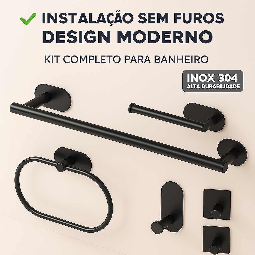 Kit Acessórios Banheiro Inox 304 6 Peças Sem Furo (Fixação 3M) - Toalheiro, Porta Papel e Ganchos em Oferta na Shopee