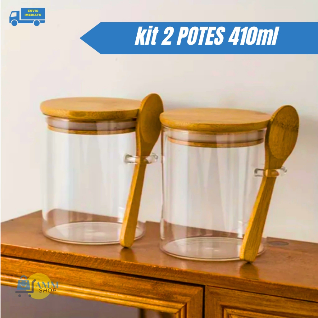 Kit 2 Potes 440 ml De Vidro Hermético Com Colher Tampa Bambu Cozinha Organização em Oferta na Shopee