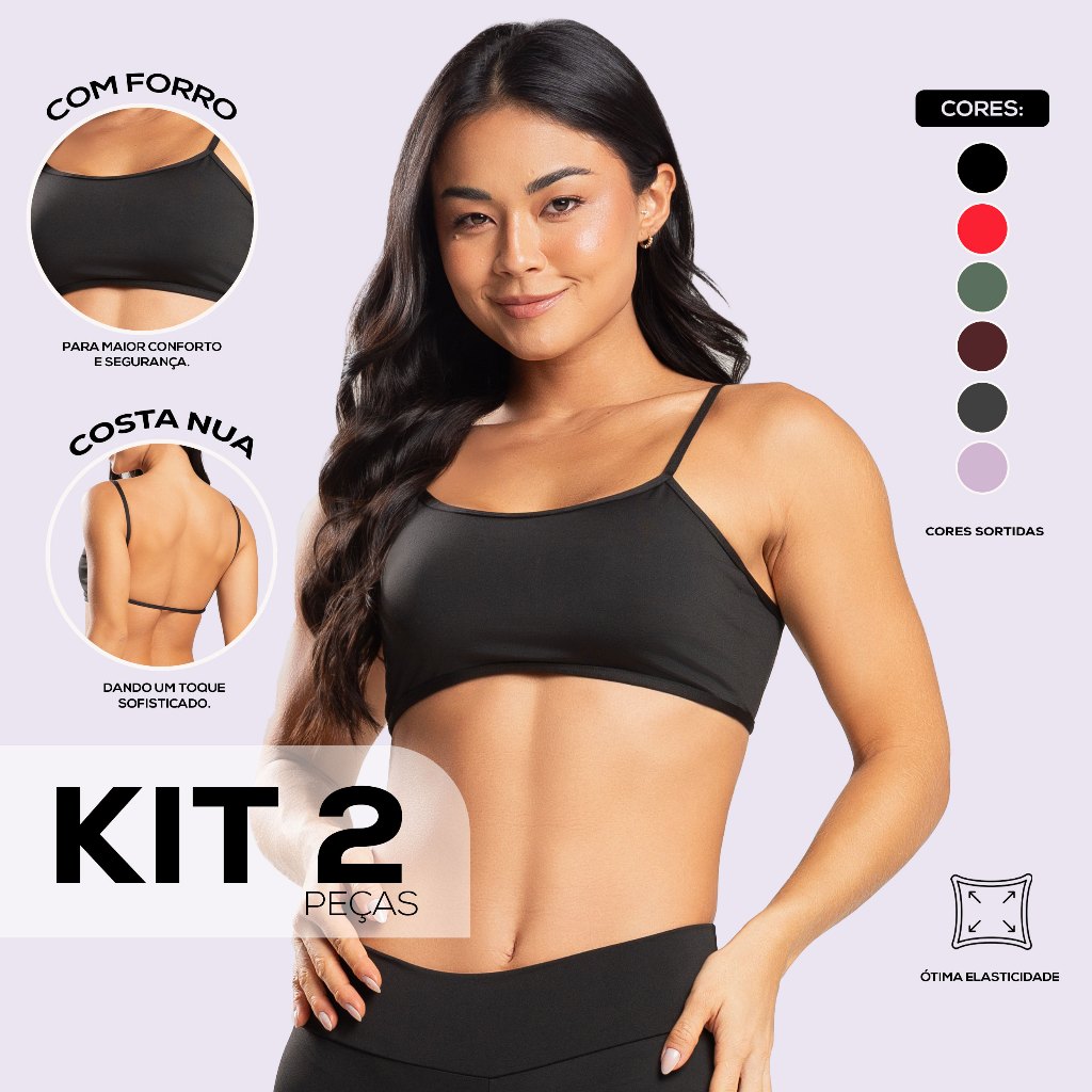 Kit 2 Top Costa Nua Academia Espaço Para Bojo Fitness Duplo Poliamida Alça Grossa Com Sustentação