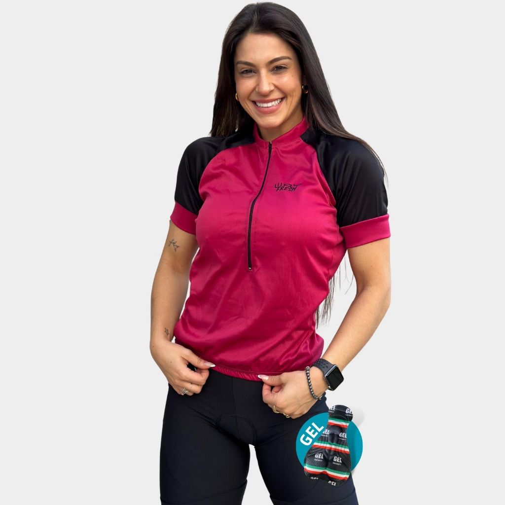 Conjunto Ciclismo Feminino Kit Roupa Calça Forro Gel Camisa Slim Pro Uv Bolsos Bike Pedal Speed