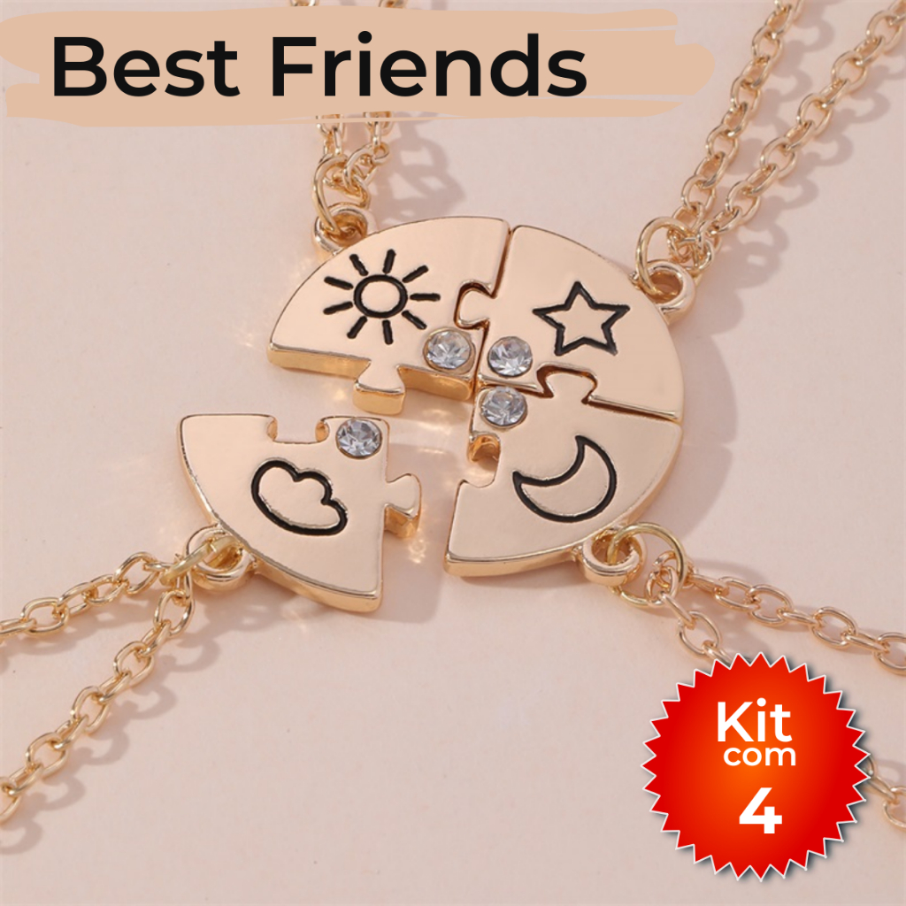 Colar Amizade 4 Elementos | Kit 4 Peças Melhores Amigas Presente Feminino