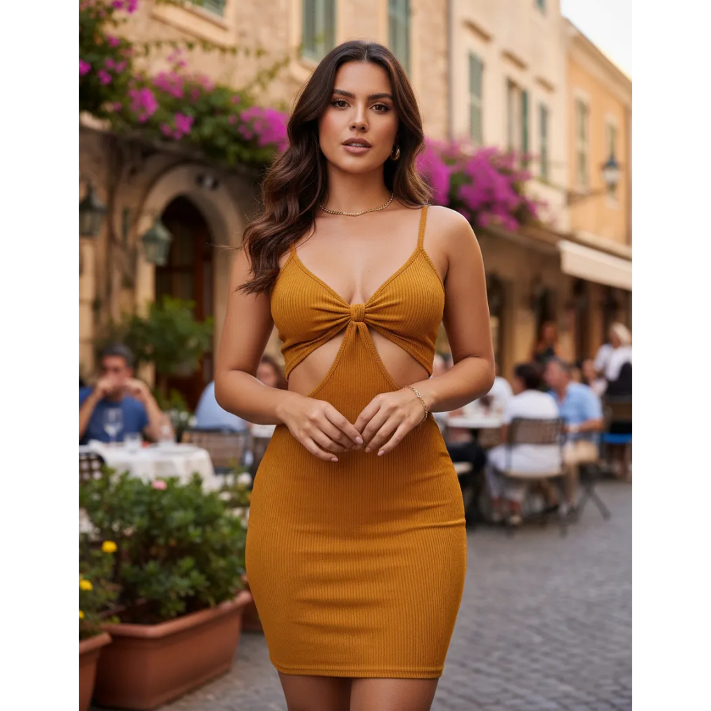 Vestido Curto Canelado Decote Estiloso Roupas Femininas em Oferta na Shopee