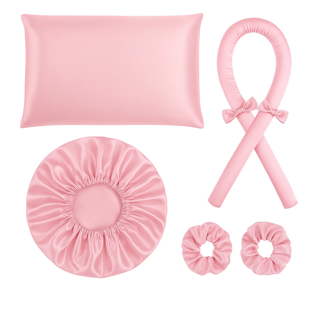 kit cetim anti frizz touca cetim + modelador sem calor curling rod + fronha — imagem 1