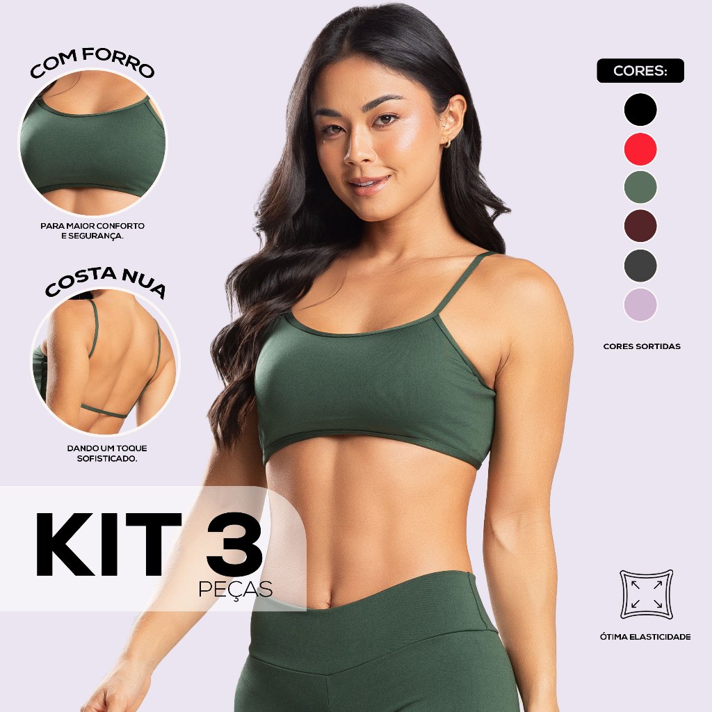 Kit 3 Top Costa Nua Faixa Duplo Com Espaço para Bojo Alcinha Fitness Zero Transparência