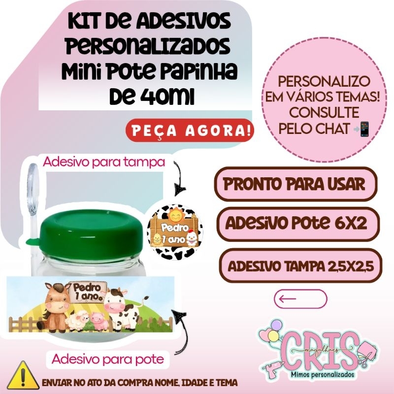Kit Rótulos Adesivos Personalizados para Papinhas e tampa 40ml fazendinha | Lembrancinha  | Nutella |FAÇO TODOS OS TEMAS