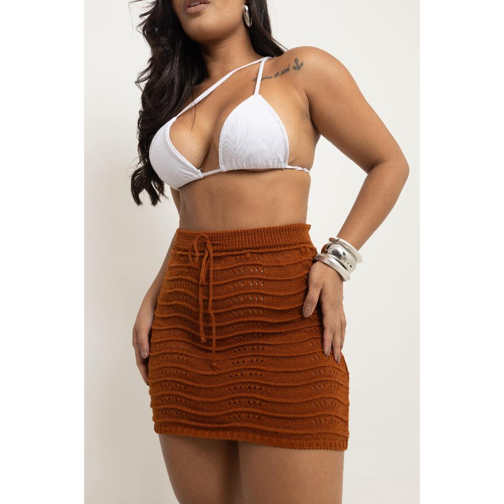 Saia Saída de Praia Tricot Tendência Moda Praia Verão 2026 | Saia Tricô com Cordão Ajustável