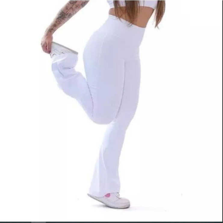 Calça Flare Branca Bailarina Cintura Alta Suplex Premium com Tecnologia UV