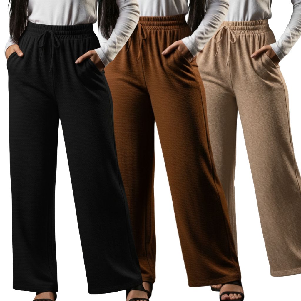 Calça Feminina Pantalona Duna Elástico Cós Largo Bolso Cintura Alta Elegante Tecido Wide Leg Premium