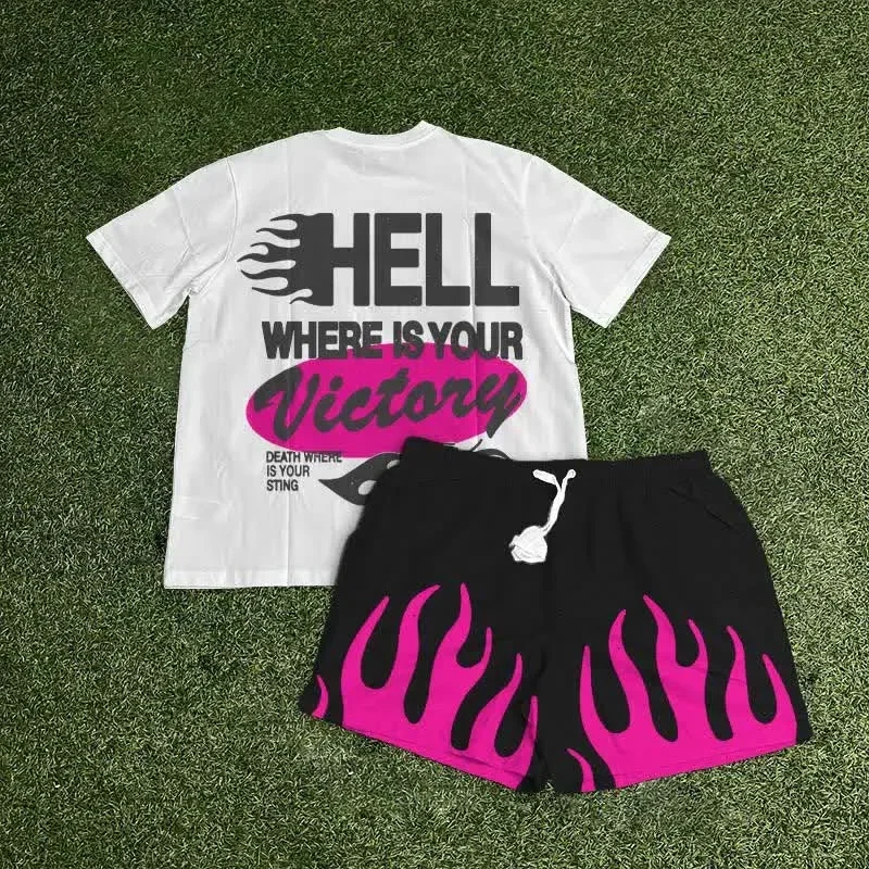 Conjunto Masculino Streetwear Camiseta De Algodão Peruano + Bermuda De Moletom Com Estampa Hell Where Is Your Victory