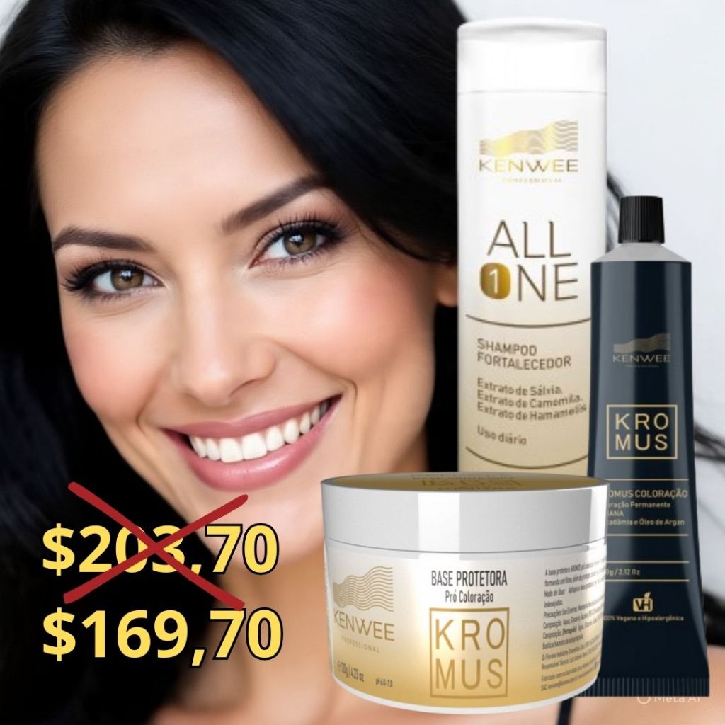 Kit com Coloração Cor Preta, Base Progetora para a Pele e Shampoo Fortalecedor All One Pós-Coloração Kenwee