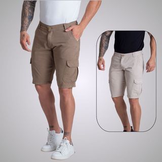 Kit 2 Bermudas Cargo Sarja Brim Com Bolsos Laterais Masculina