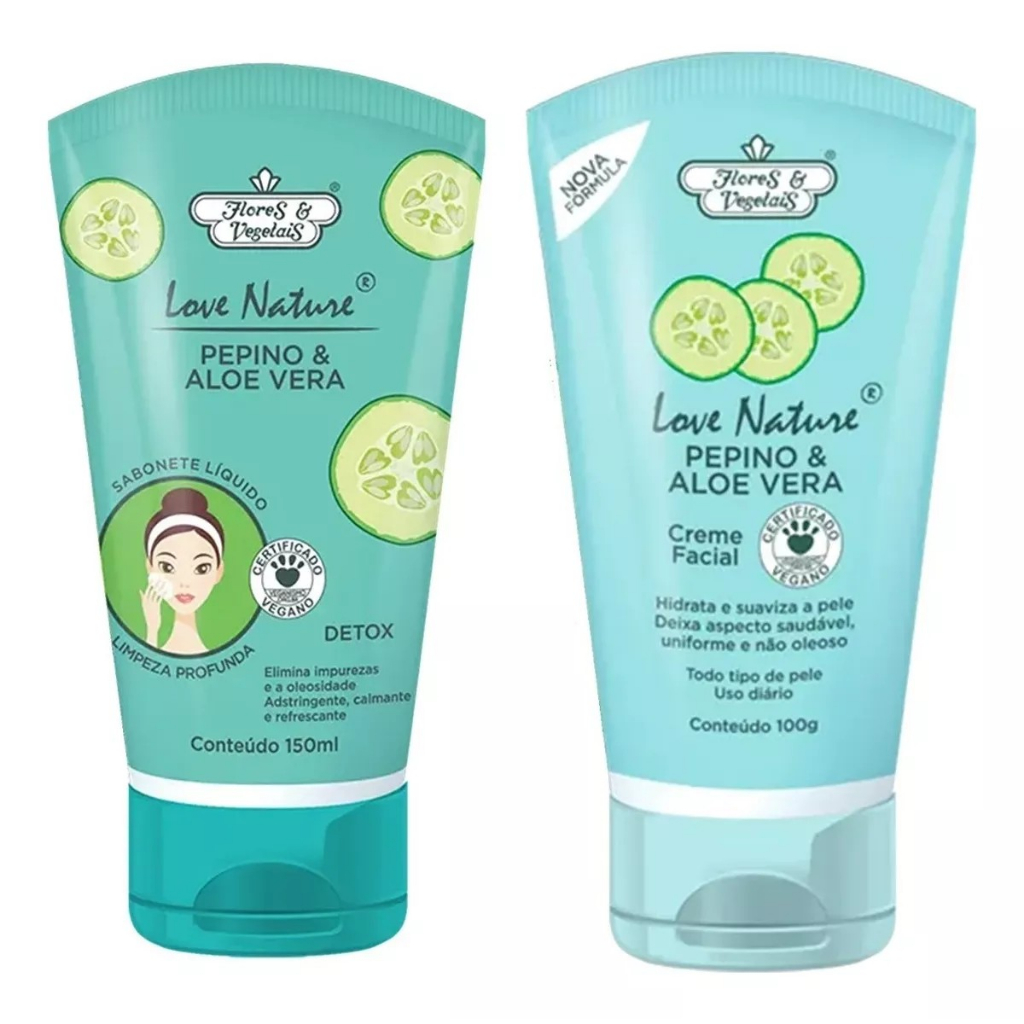Sabonete Líquido Detox + Creme Facial Pepino e Aloe Vera Love Nature® Flores & Vegetais