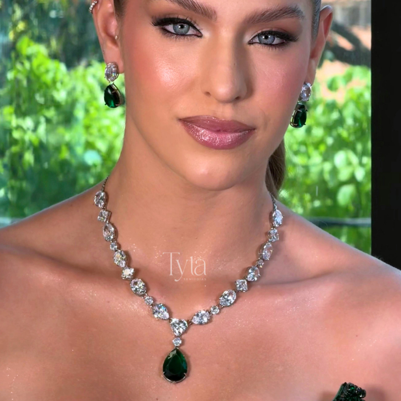 Colar e brinco verde em zircônia com banho em prata festa luxo colar verde esmeralda colar azul royal coral lavanda