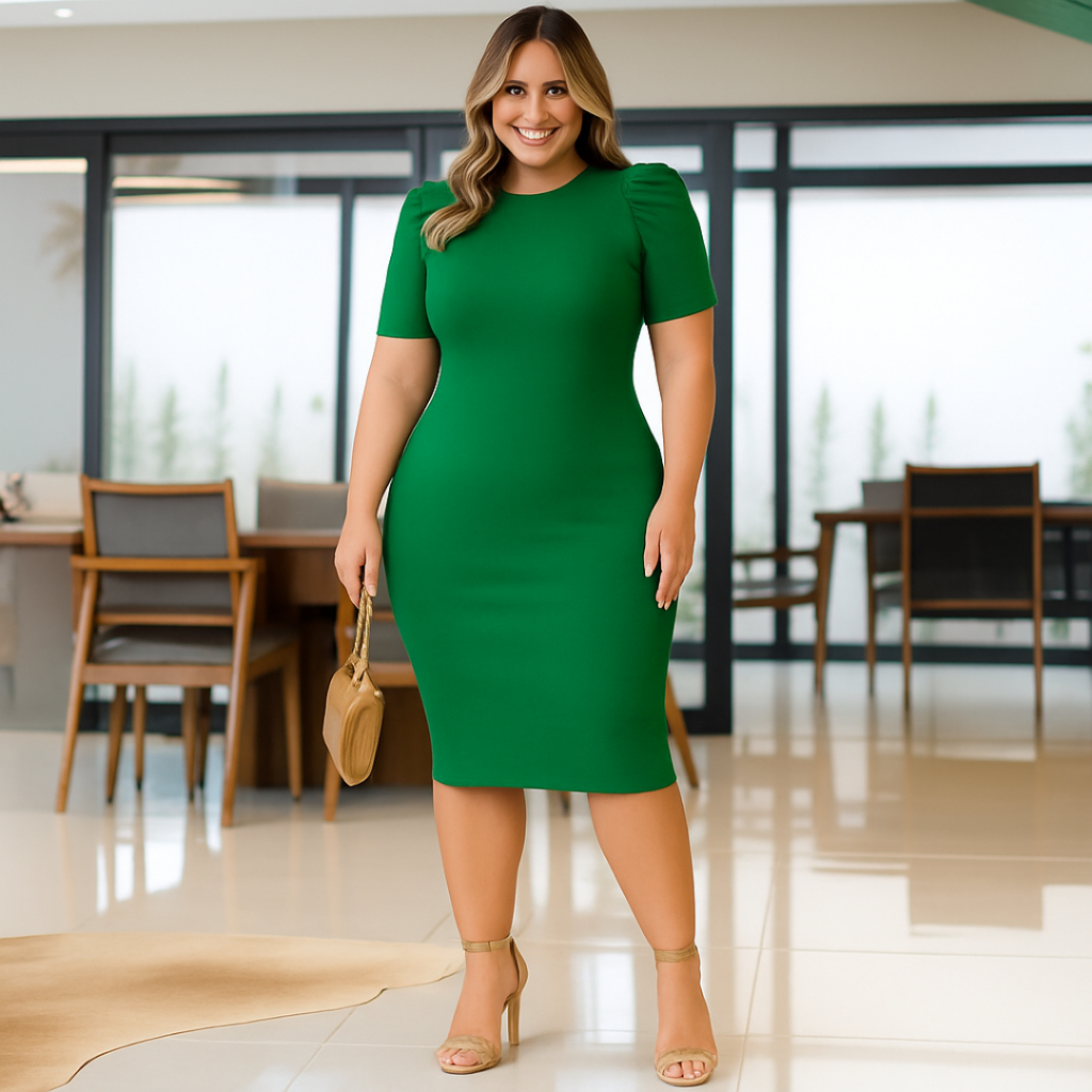 Vestido Midi Manga Princesa Feminino Tubinho de Malha Crepe Justo Elegante Clássico e Confortável