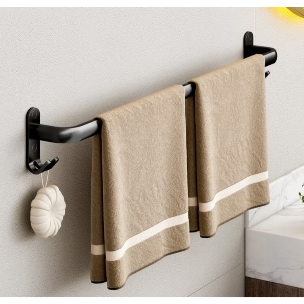Suporte de Toalha de Parede com Ganchos - 50cm | Toalheiro de Alumínio Preto Fosco em Oferta na Shopee