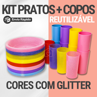 Kit Pratos Redondos e Copos 300ML com Efeito Glitter Multiuso Festa - Diversas Cores