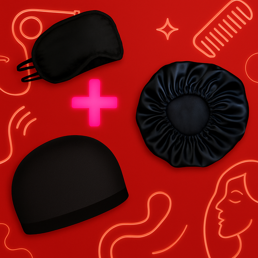 Transforme Suas Noites: Máscara para Dormir, Touca de Cetim e Touca Nero Meia Calça Anti Frizz.