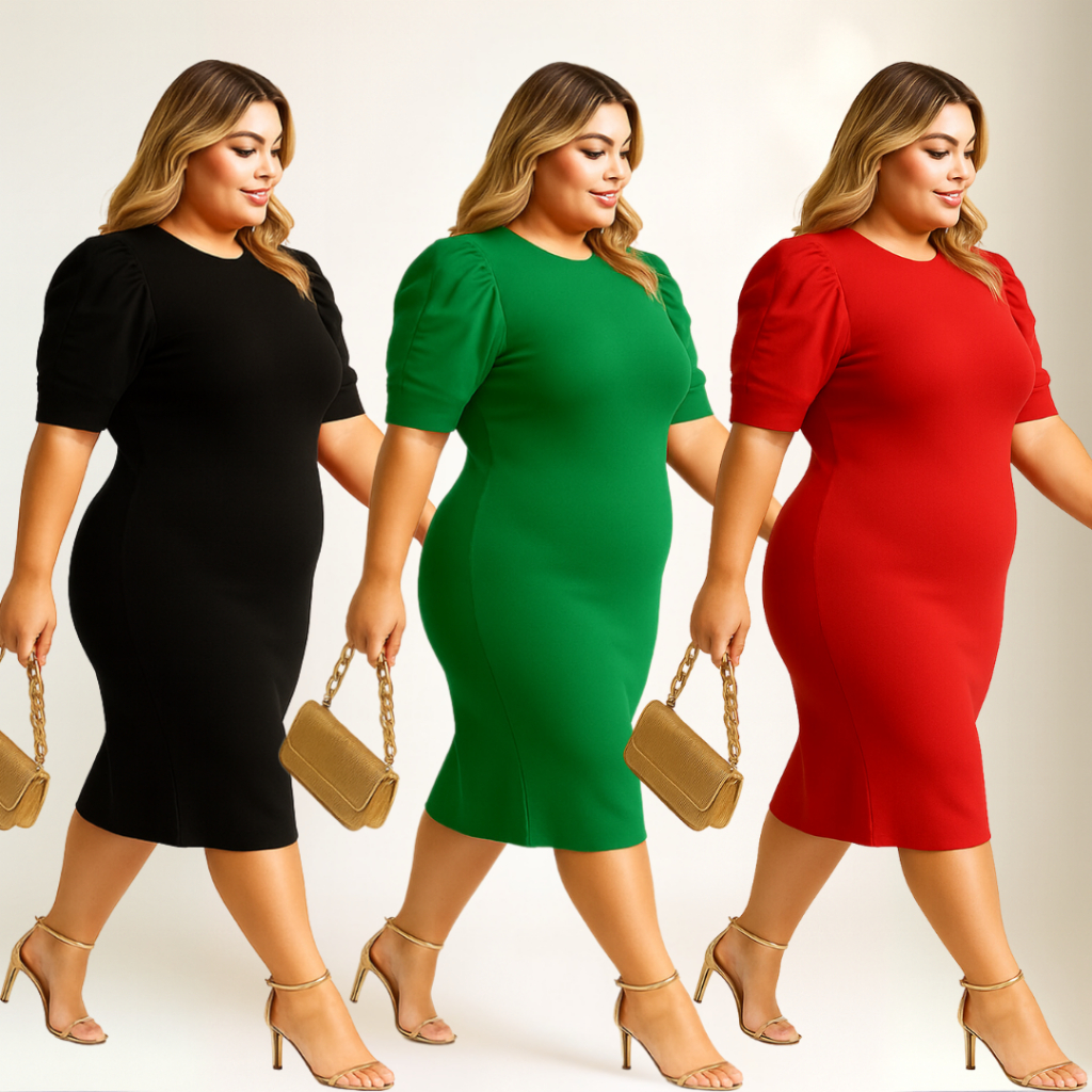 Vestido Midi Feminino Manga Princesa Tubinho Malha Crepe Roupa Fim de Ano Elegante Casual Clássico