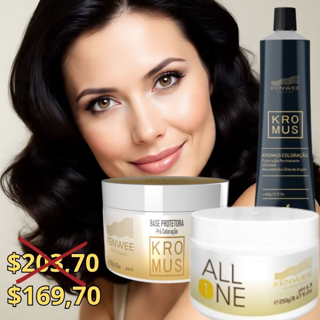 Kit com Coloração Cor Preta, Base Progetora para a Pele e Máscara Hidratante All One Pós-Coloração Kenwee