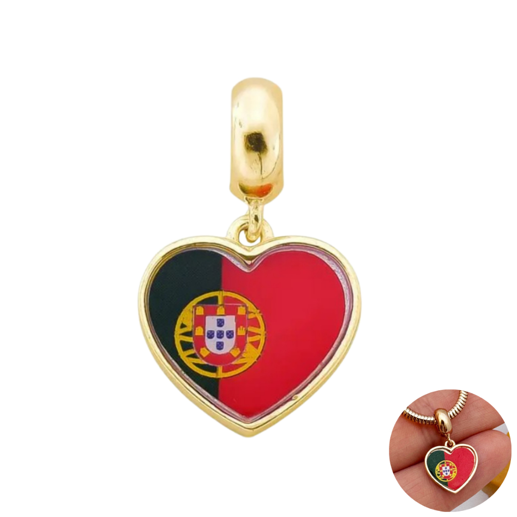 Berloque País Bandeira de Portugal Dourado Banhado a Ouro 18k
