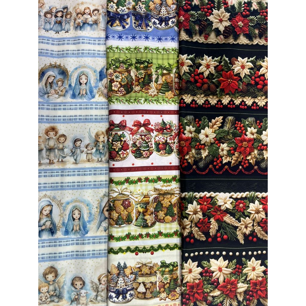 Tecido Tricoline Digital 100% algodão - Barrados Natalinos 55x75 cm (um dos lados)