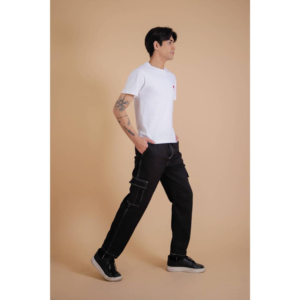Calça Cargo Masculino Preto Com Linha Branca Sarja Skate C/ Elástico