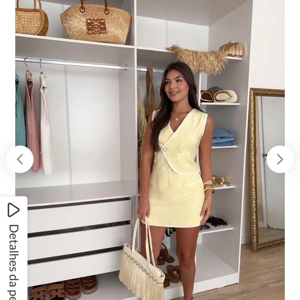 Conjunto Colete e Saia com Contorno em Viés em Oferta na Shopee